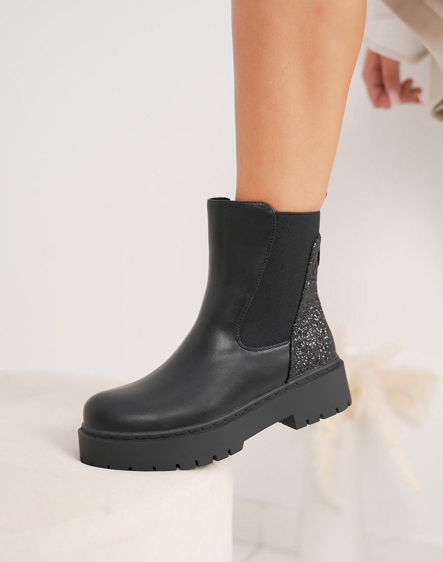 Bottines femme noires tendance style Chelsea avec paillettes arrière et semelle crantée