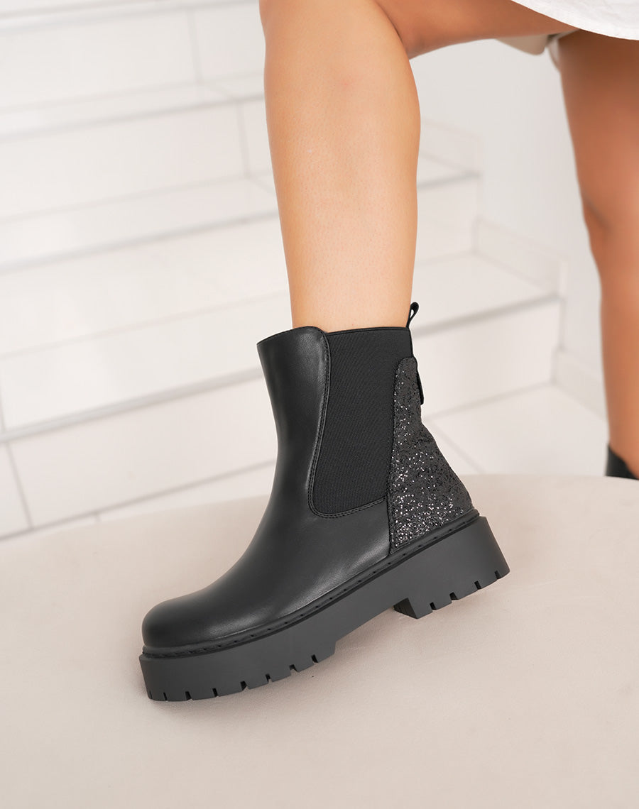 Bottines femme noires tendance style Chelsea avec paillettes arrière et semelle crantée