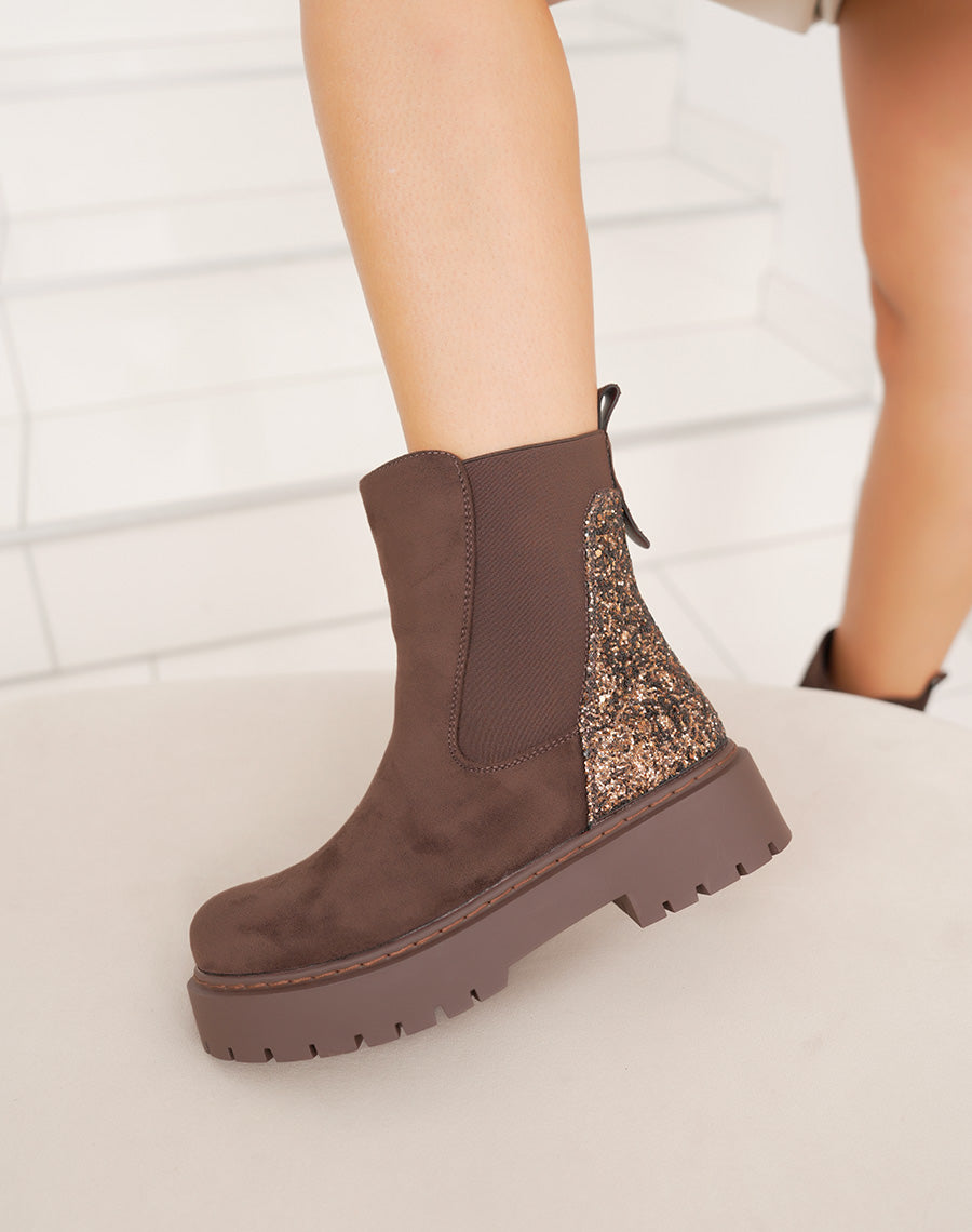 Bottines femme marron en suédine style Chelsea avec paillettes cuivrées et semelle plateforme