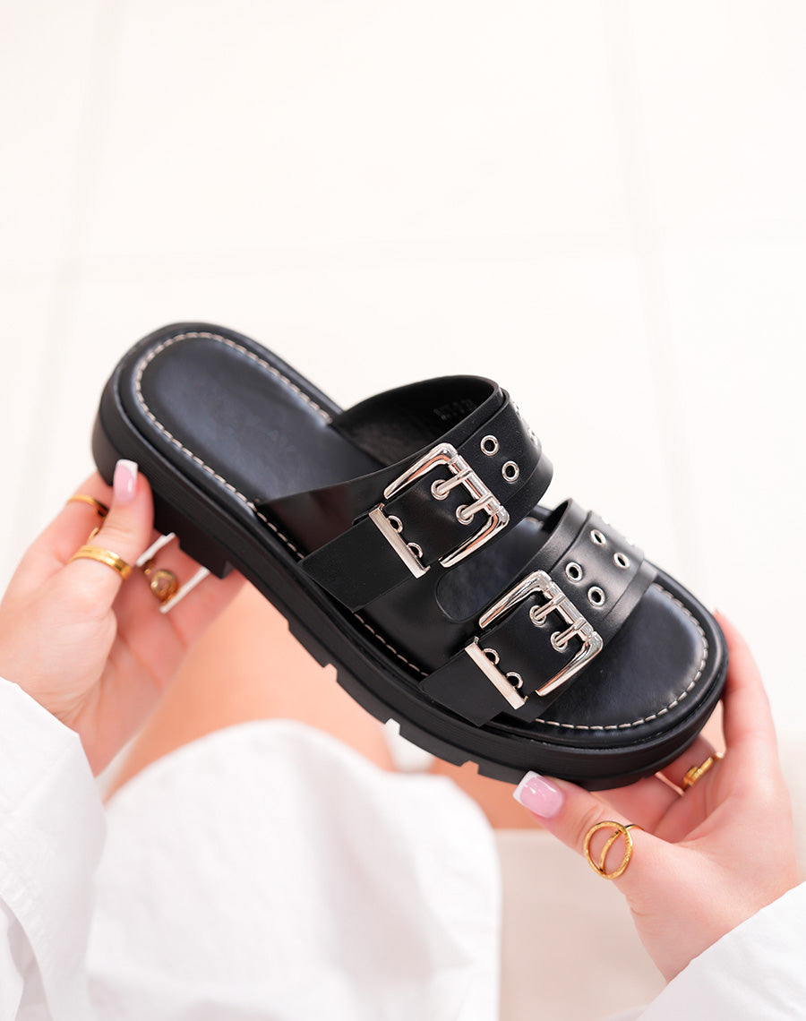 Mules FINDLAY Black woman with studded straps and silver curls