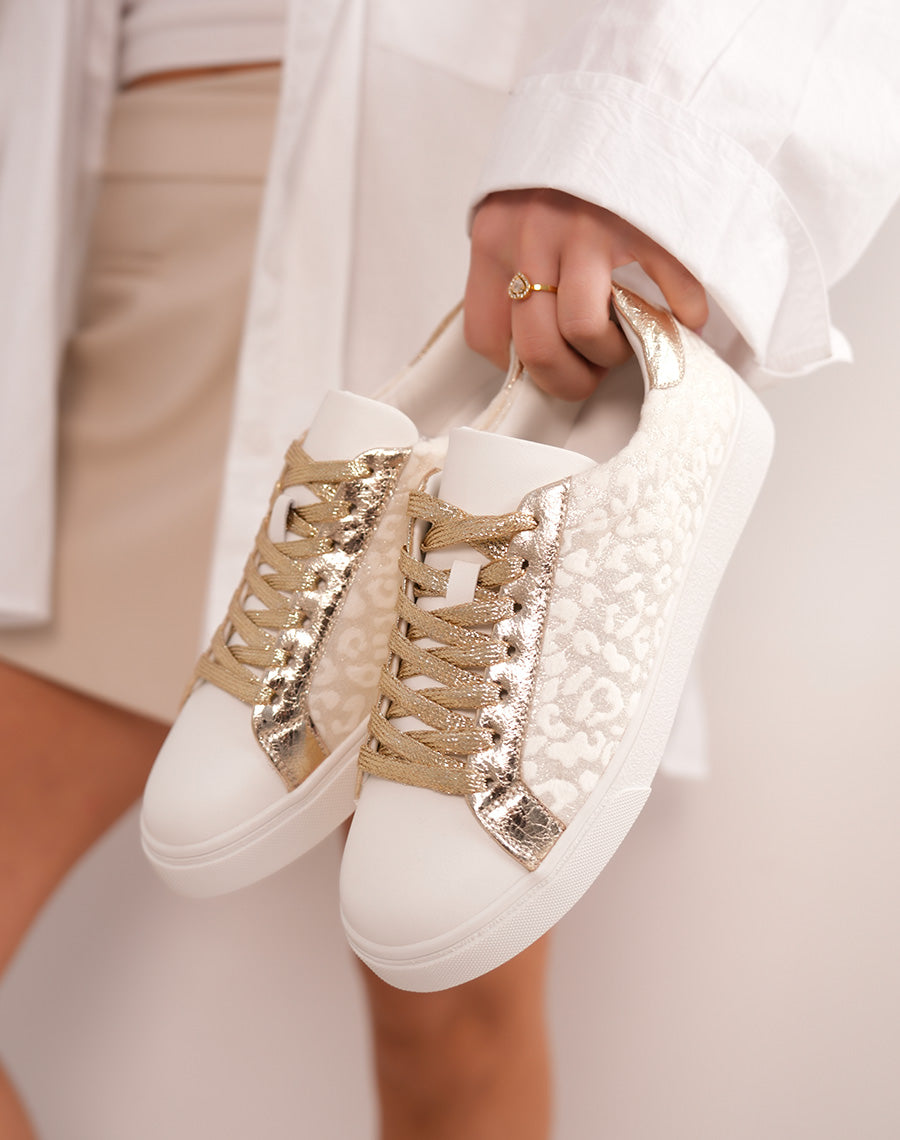 Women's sneakers FINDLAY White with leopard panels and glitter golden details
