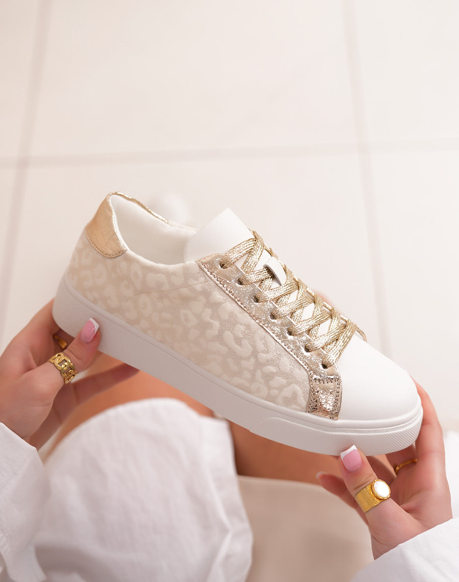 Women's sneakers FINDLAY White with leopard panels and glitter golden details