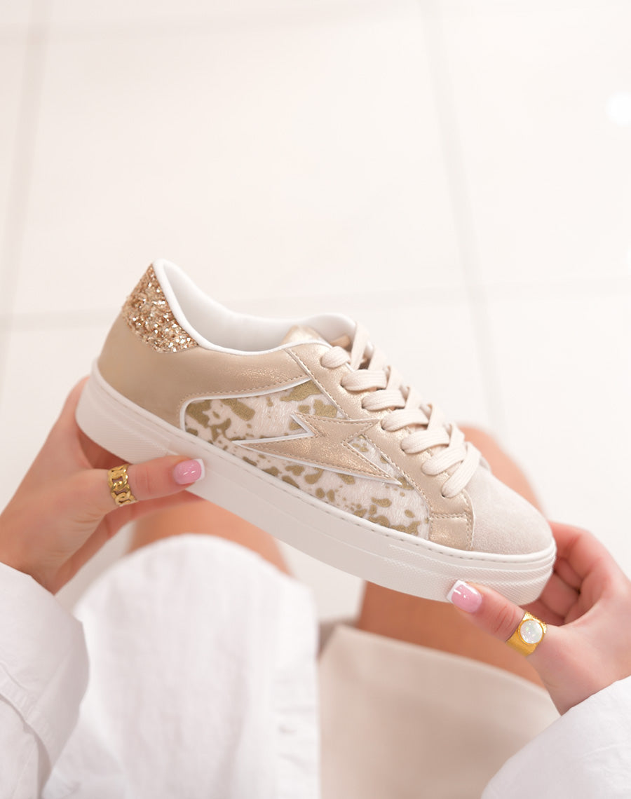 Women's sneakers FINDLAY Beige with golden panels and trendy cowhide effect