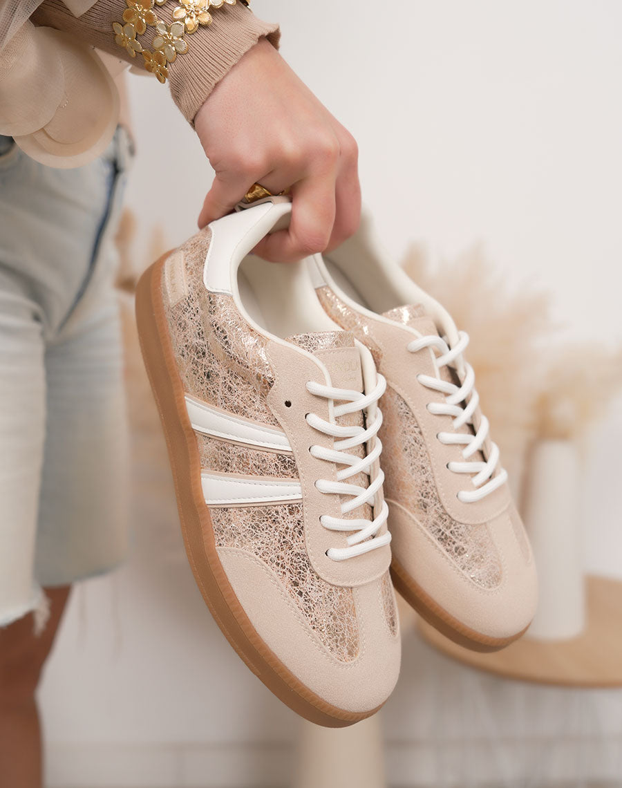 Basket femme dorée tendance à effet irisé avec semelle marron