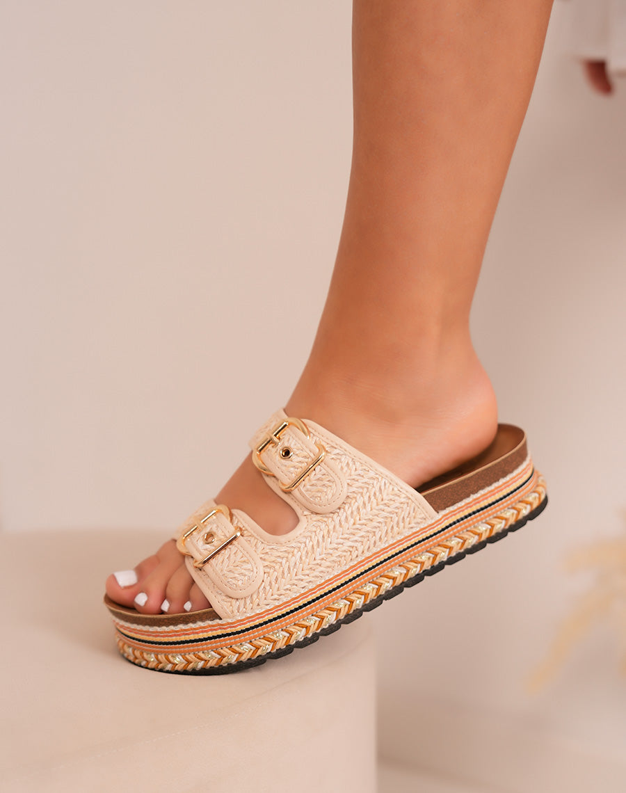 Mules femme beige à brides tissées avec plateforme épaisse multicolore tendance