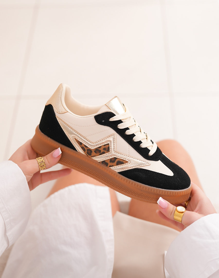 Black Swedish women's sneakers with leopard details and brown flat sole