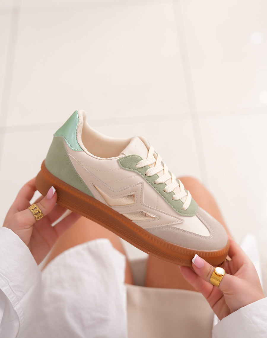 Green Swedish Women's Sneakers with golden details and brown flat sole
