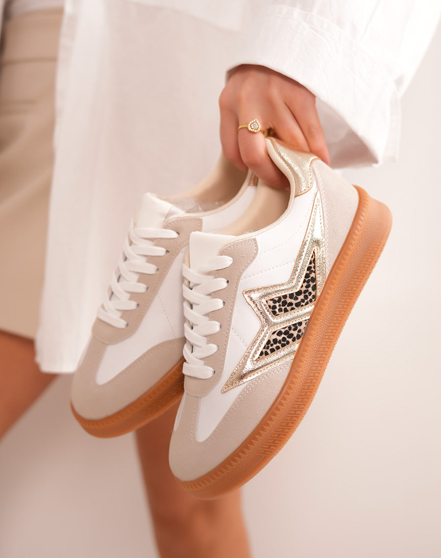 Women's beige suede sneakers with golden details and animal effect
