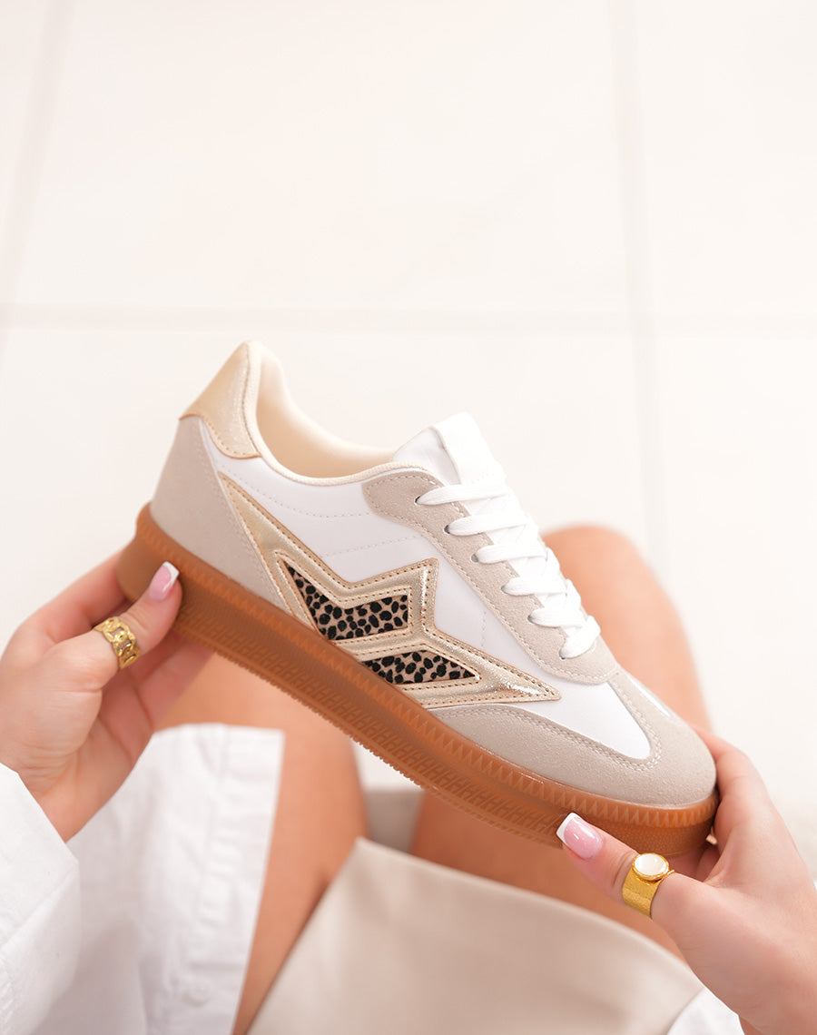 Women's beige suede sneakers with golden details and animal effect