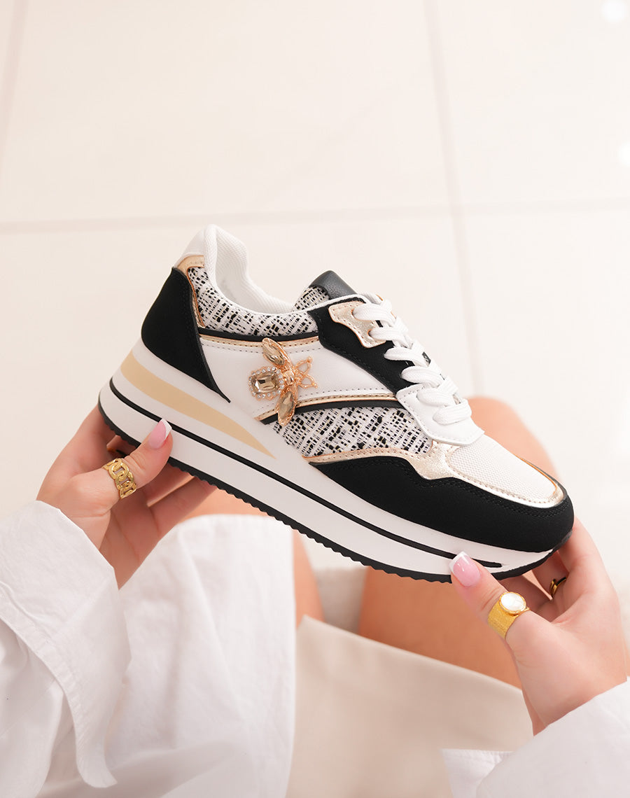 Women's sneakers in black suede with golden bee jewel and woven details