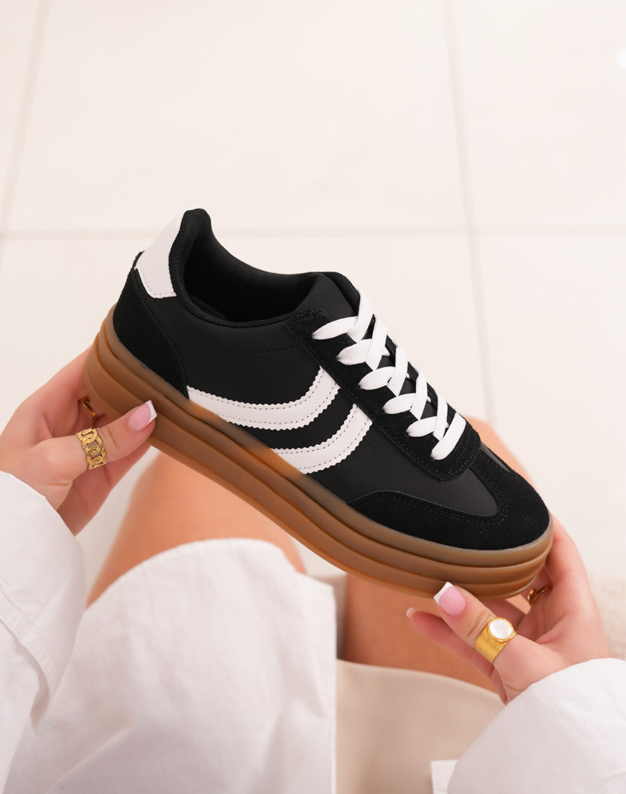 Black Women's Women's Sneakers with White Laces and Triple Platform
