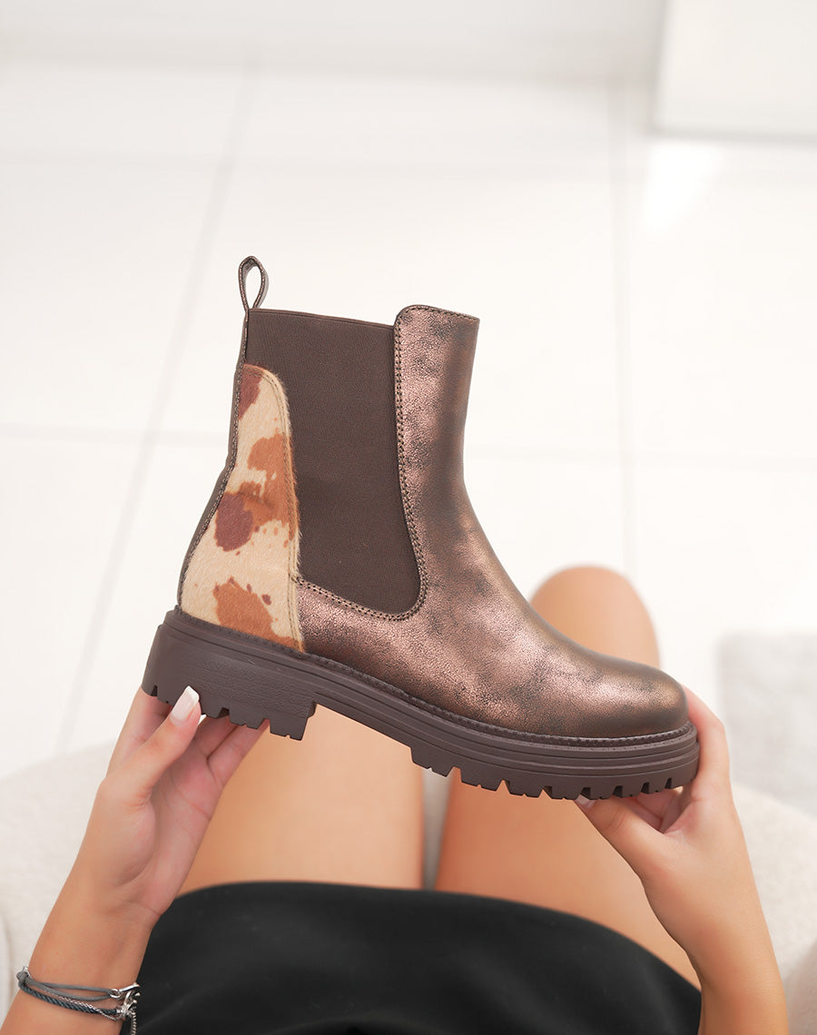 Bottines Chelsea marron irisées à empiècement effet vachette