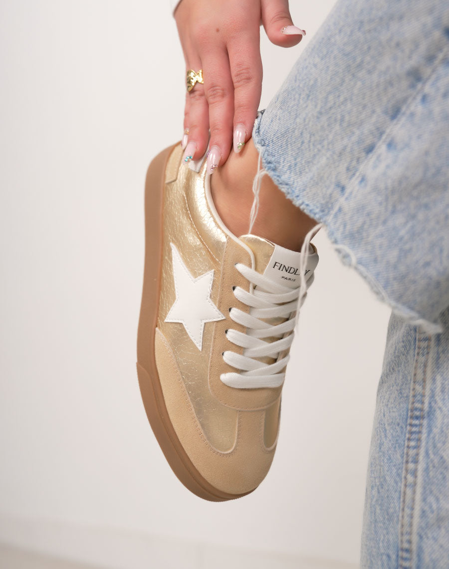 Basket femme dorée tendance à plateforme marron avec étoile blanche