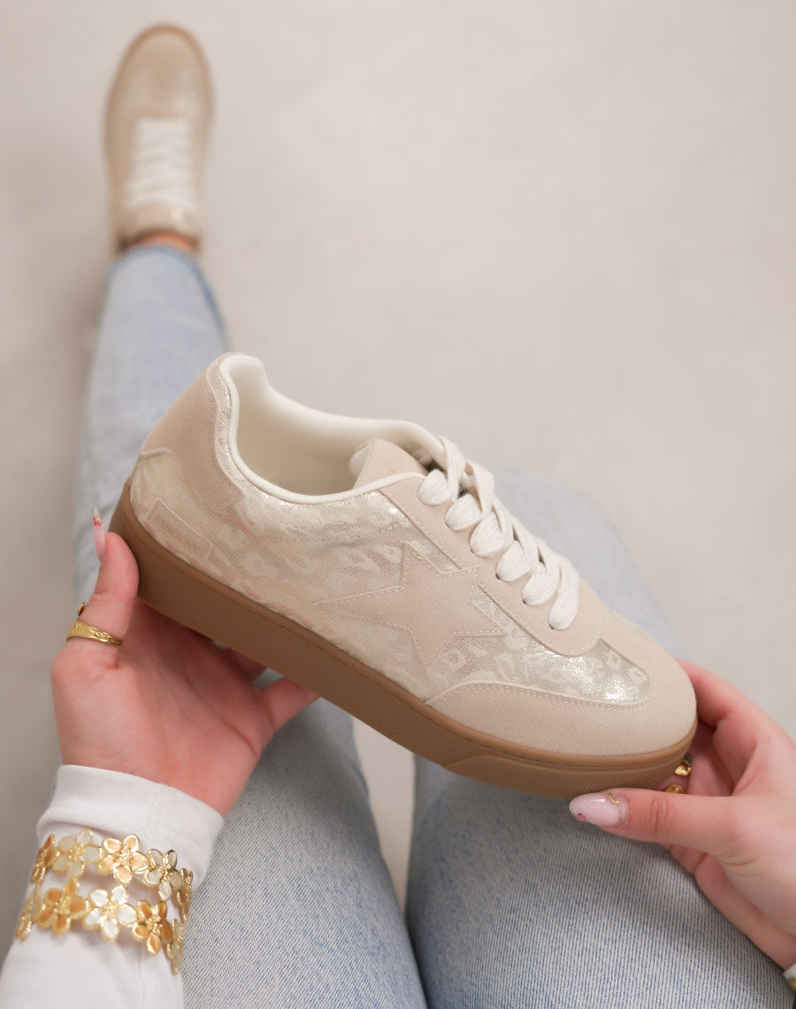 Basket femme beige tendance à plateforme marron avec motif léopard et étoile ton sur ton
