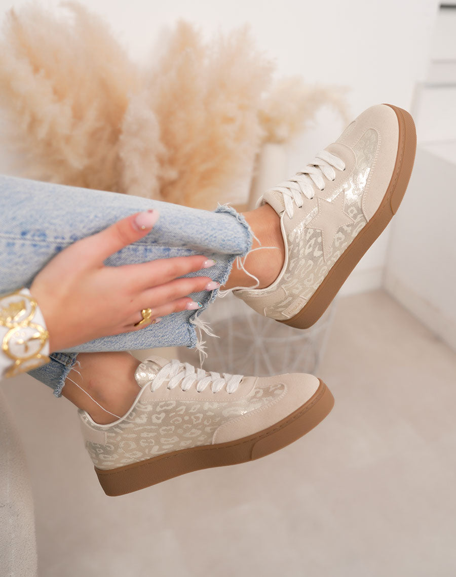 Basket femme beige tendance à plateforme marron avec motif léopard et étoile ton sur ton
