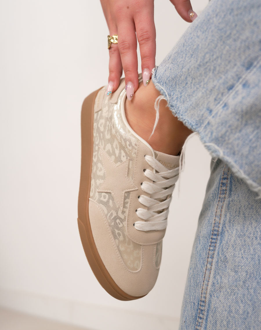 Basket femme beige tendance à plateforme marron avec motif léopard et étoile ton sur ton