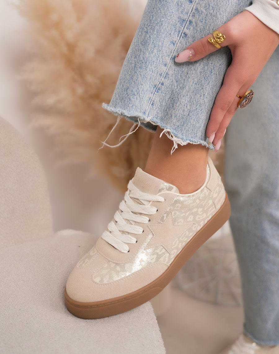 Basket femme beige tendance à plateforme marron avec motif léopard et étoile ton sur ton