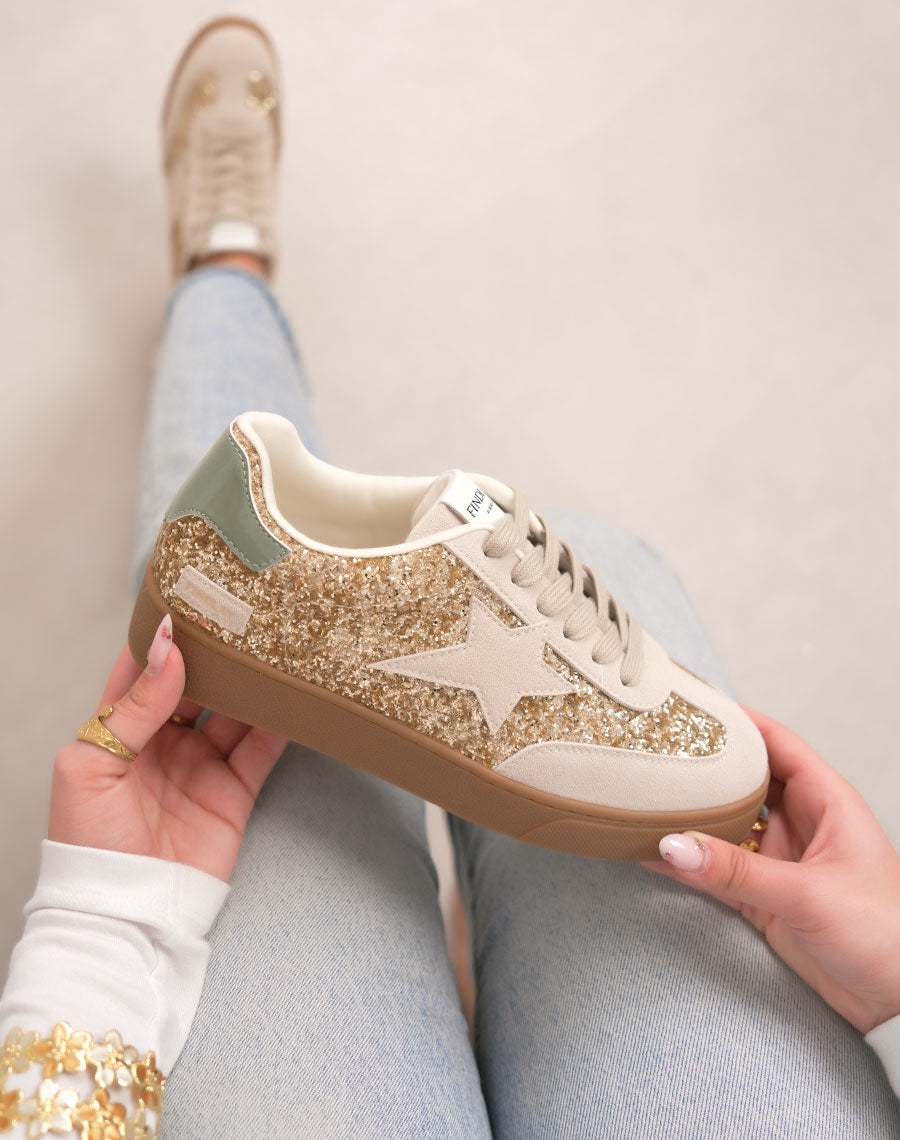 Basket femme beige tendance à plateforme marron avec paillettes dorées et étoile suédine