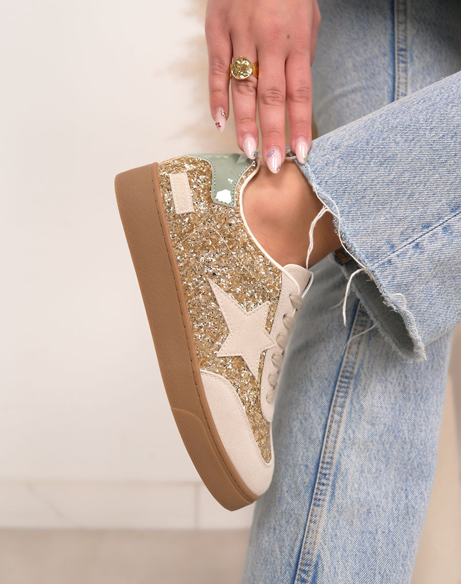 Basket femme beige tendance à plateforme marron avec paillettes dorées et étoile suédine