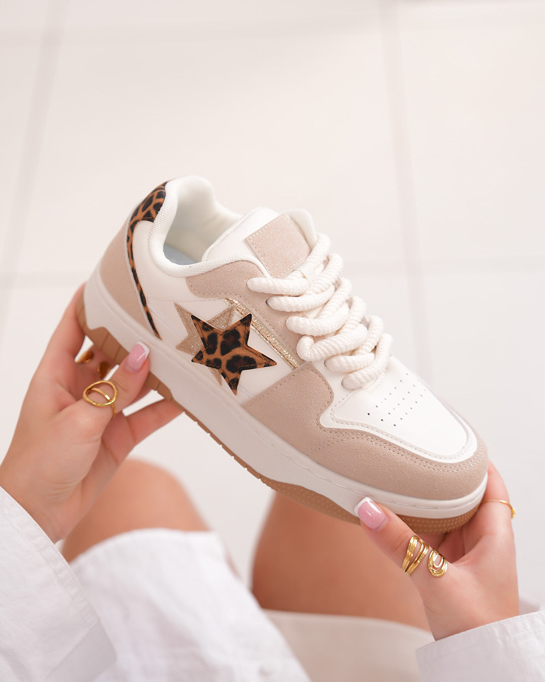 White women's sneakers with beige panels with glitter stars and leopard