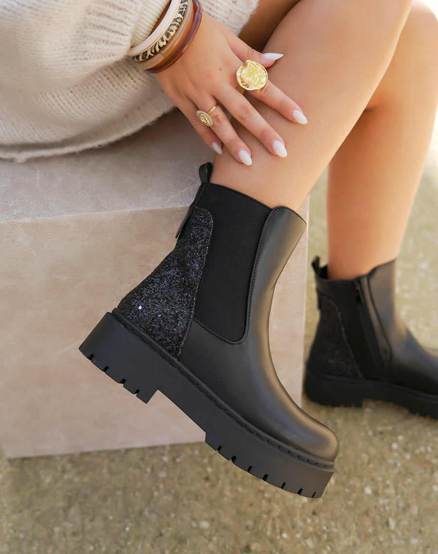 Bottines femme noires tendance style Chelsea avec paillettes arrière et semelle crantée