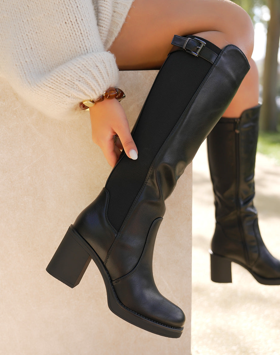 Bottes noires à talon moyen avec tige élastique et sangle décorative