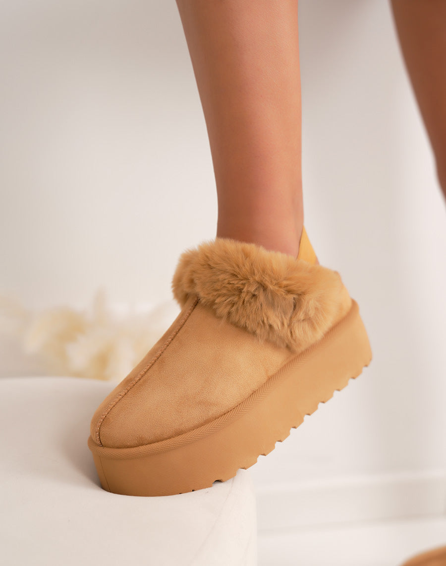 Mules femme camel à plateforme fourrées avec élastique arrière de maintien