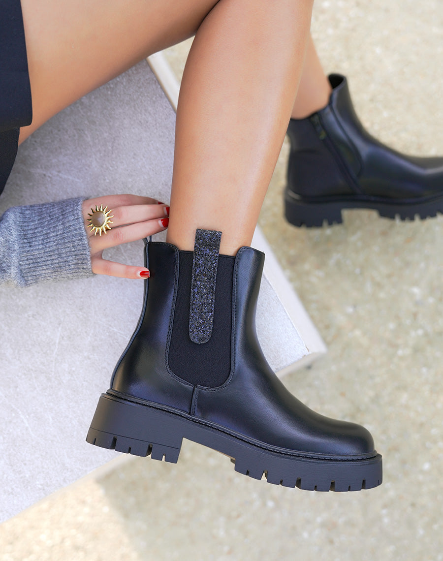 Bottines femme noires tendance style Chelsea avec paillettes et semelle crantée
