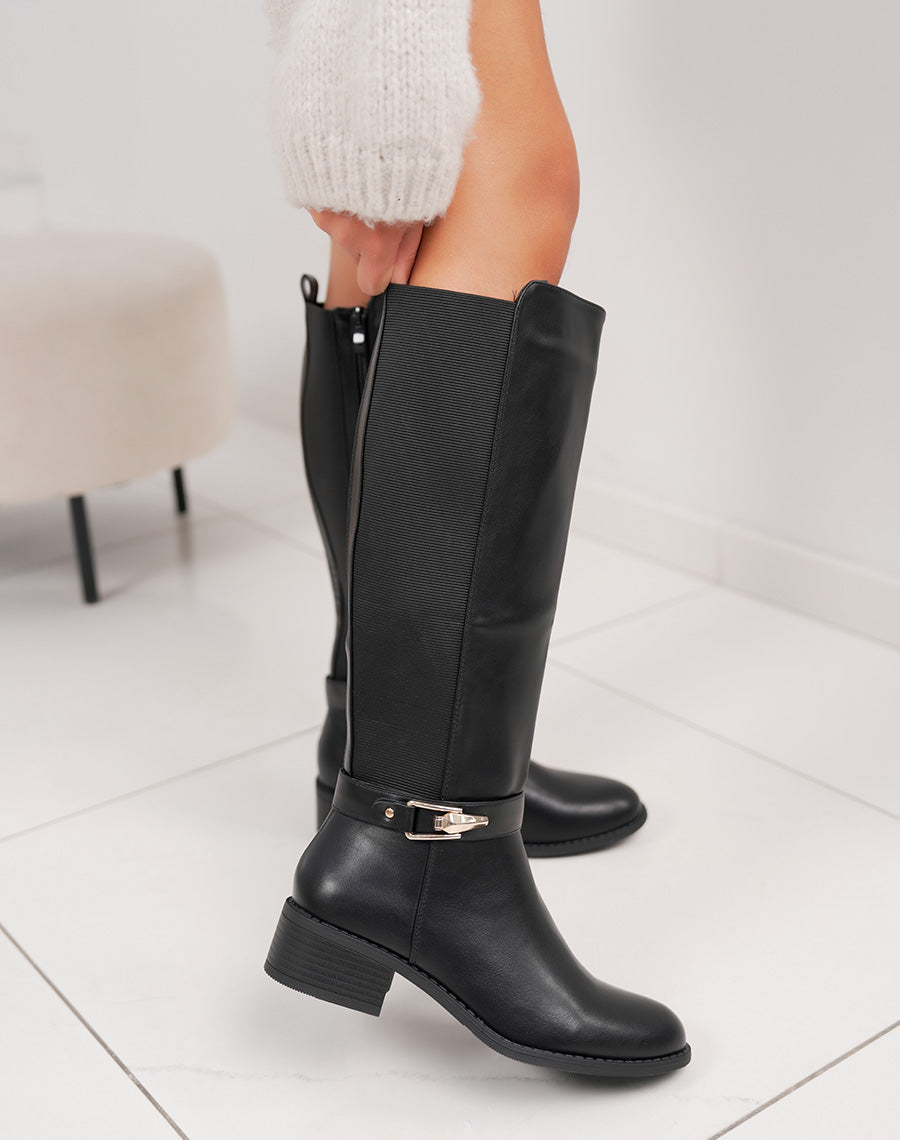 Bottes femme noires élégantes à petit talon avec boucle dorée et élastiques