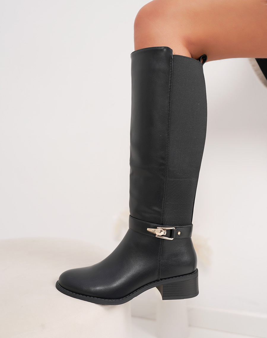 Bottes femme noires élégantes à petit talon avec boucle dorée et élastiques