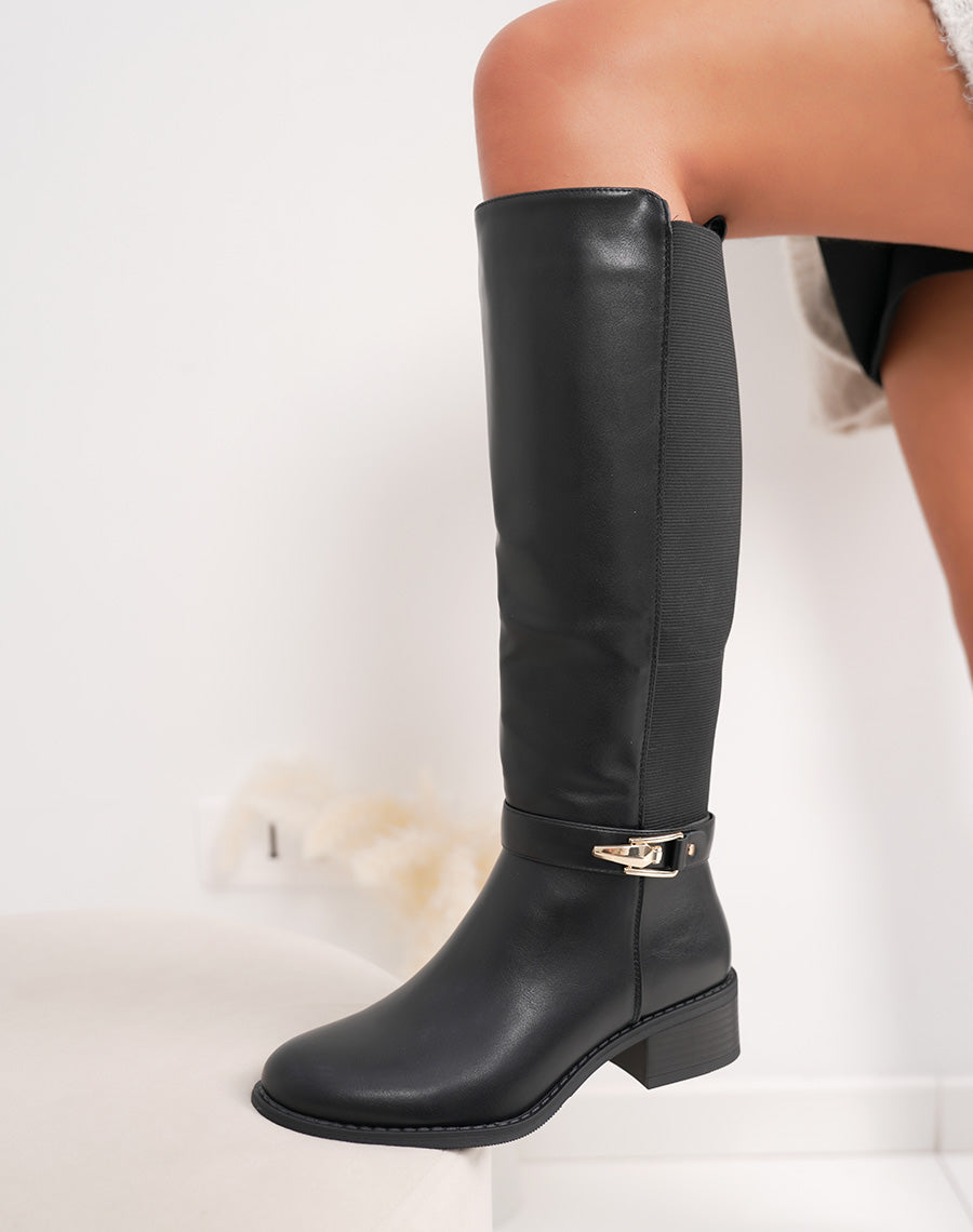 Bottes femme noires élégantes à petit talon avec boucle dorée et élastiques