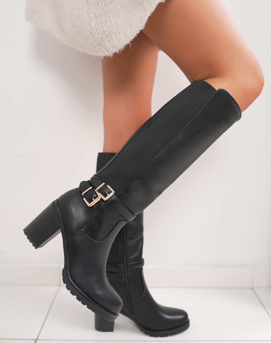 Bottes femme noires à talons hauts élégantes avec double boucles dorées et semelle crantée