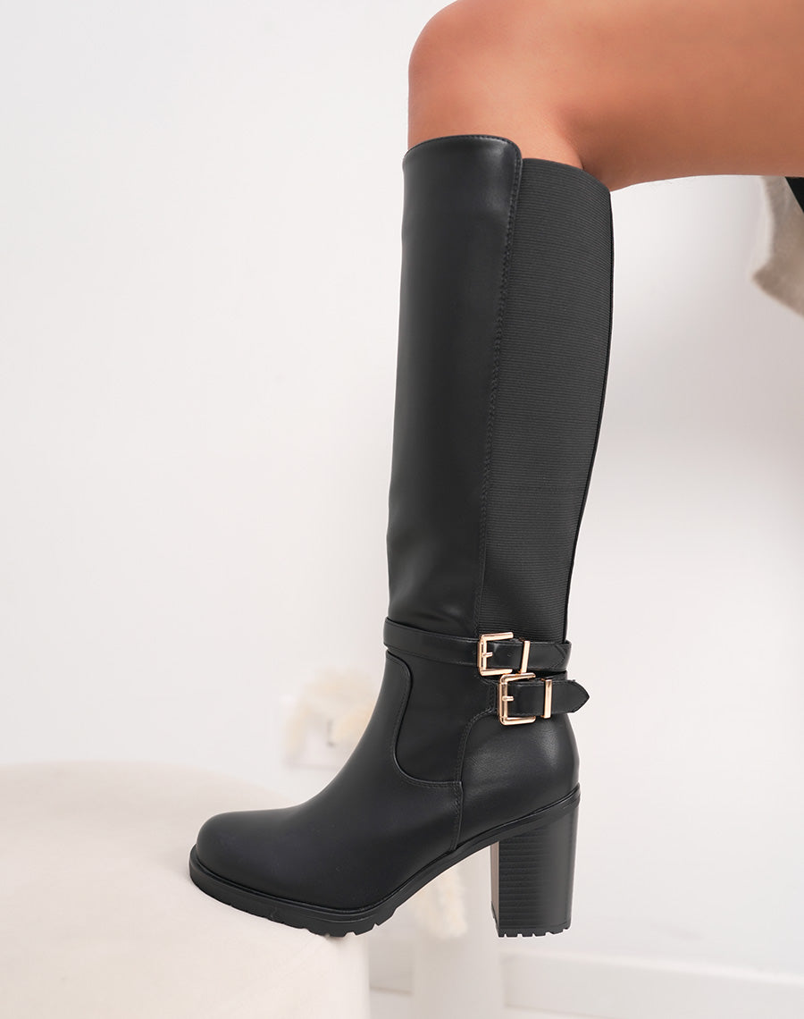 Bottes femme noires à talons hauts élégantes avec double boucles dorées et semelle crantée