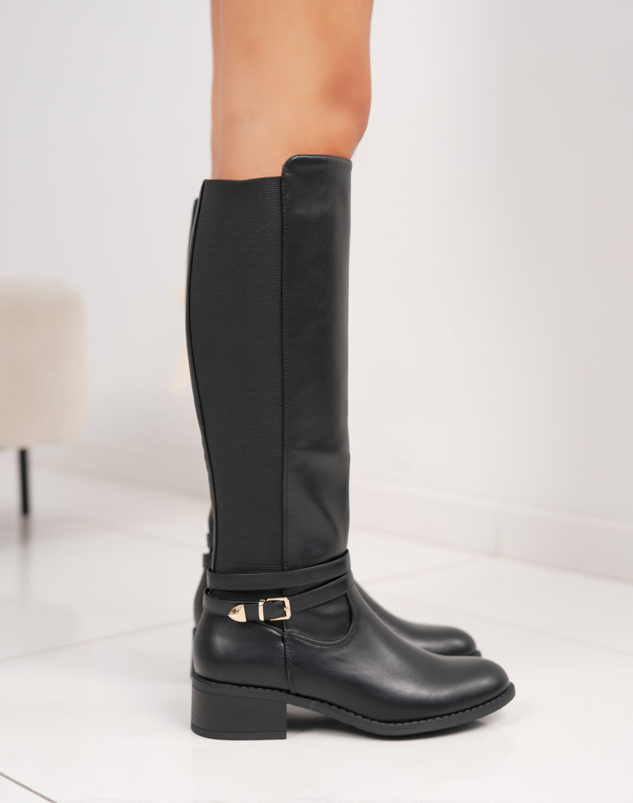 Bottes femme noires à petit talon avec lanière dorée et élastiques latéraux