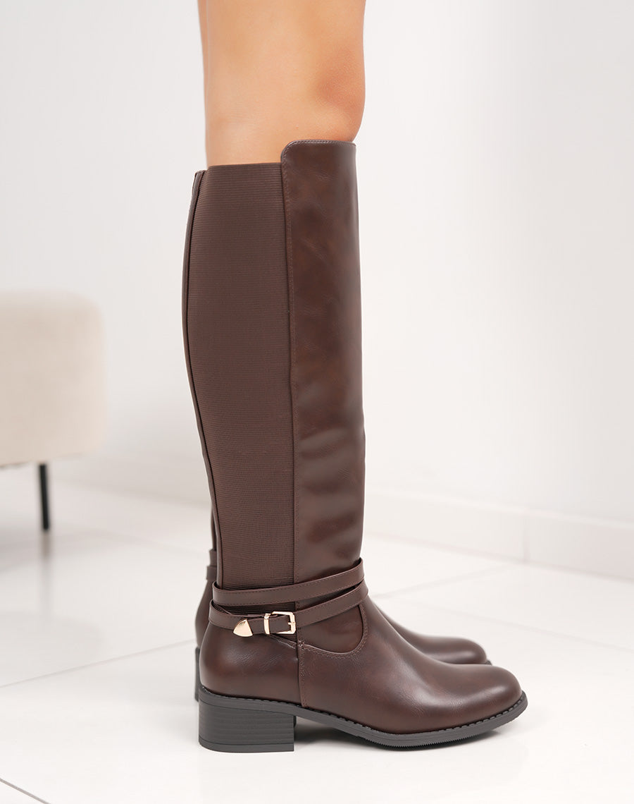 Bottes femme marron à petit talon avec lanière dorée et élastiques confortables