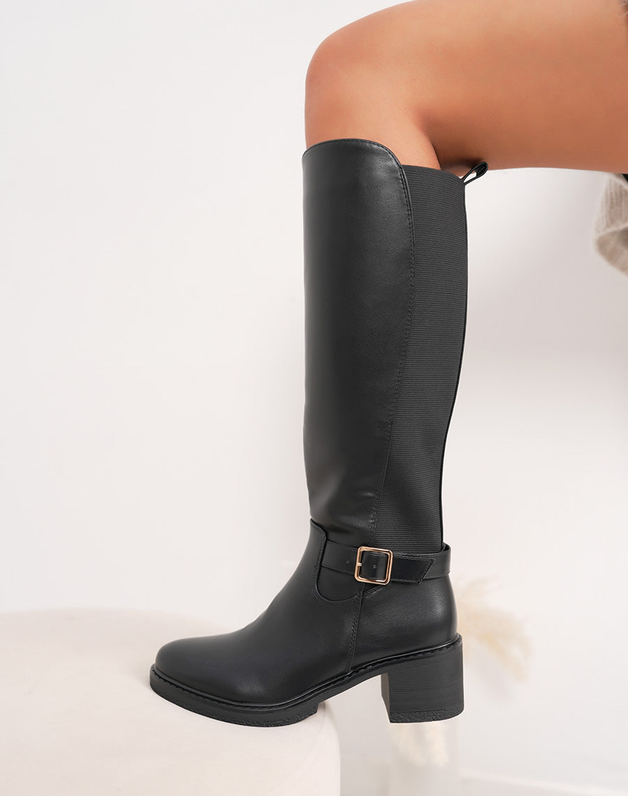 Bottes noires à talon avec élastique et boucle dorée – Élégance et confort au quotidien