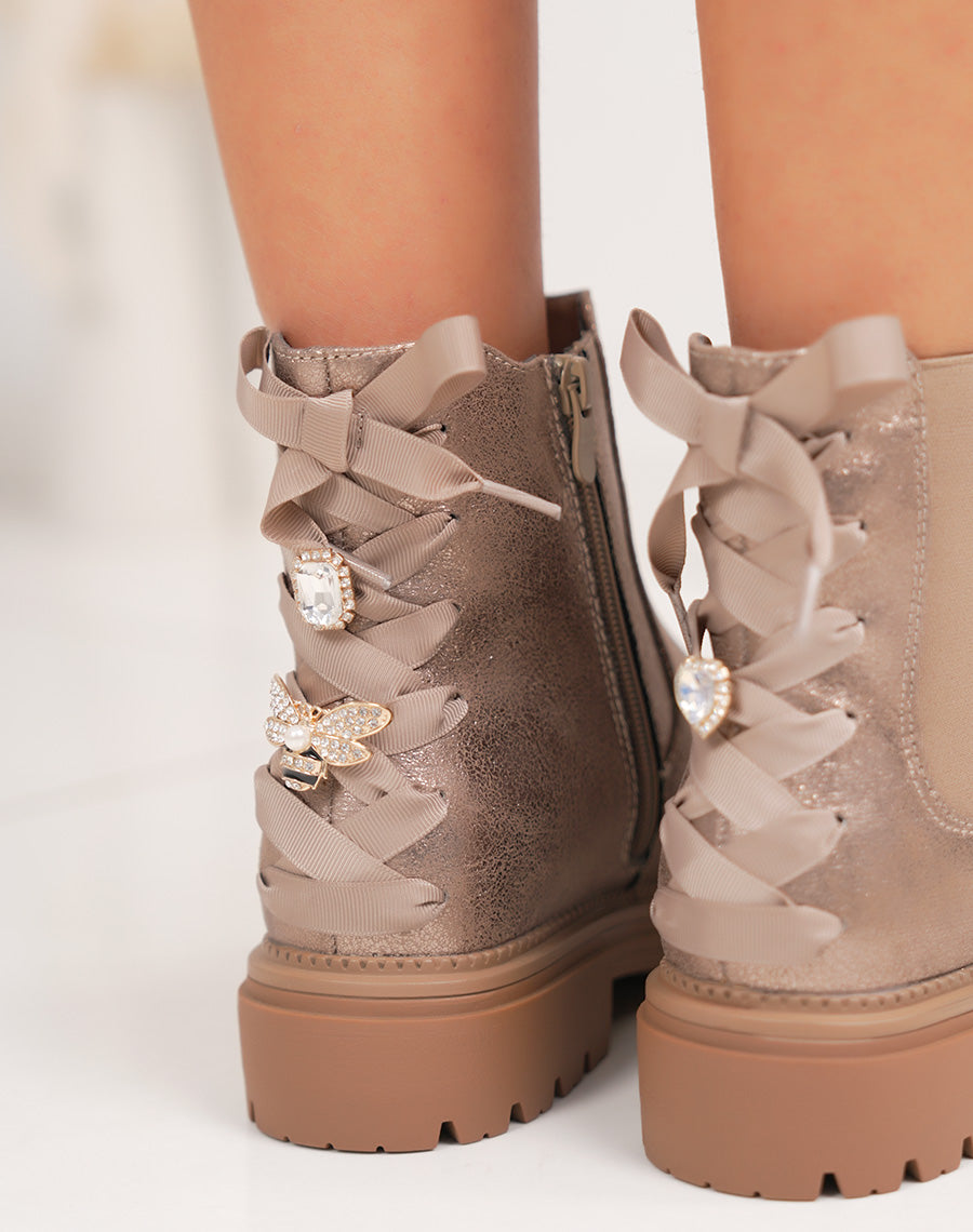 Bottines femme taupe irisées élégantes style chelsea avec nœud et détail cœur