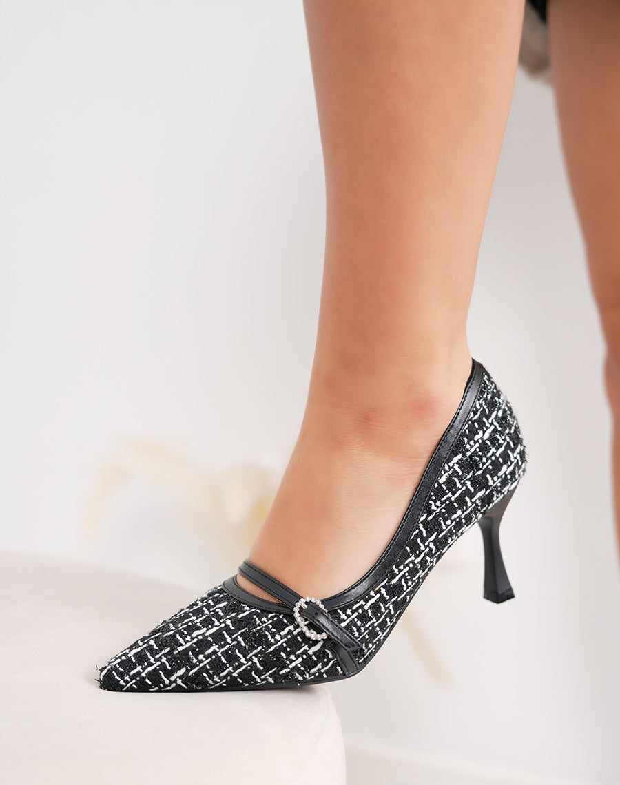 Escarpins femme noirs et blancs élégants en tweed avec boucle strassée