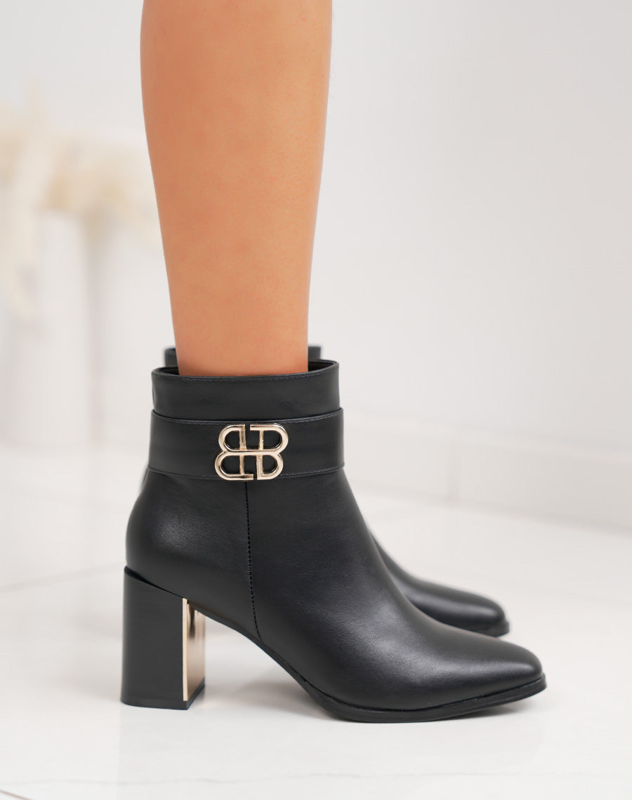 Bottines femme noires à talon carré, élégantes avec boucle dorée