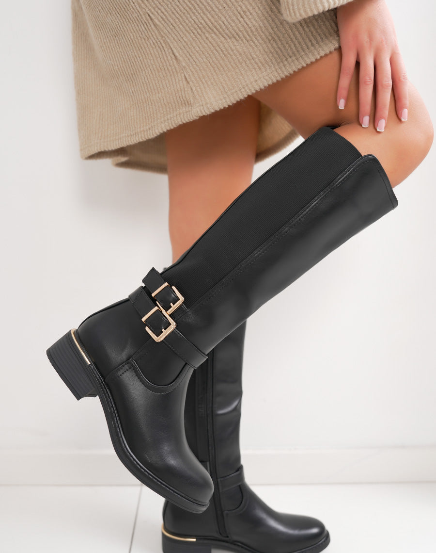 Bottes noires à élastique avec double boucle dorée et liseré – intérieur fourré