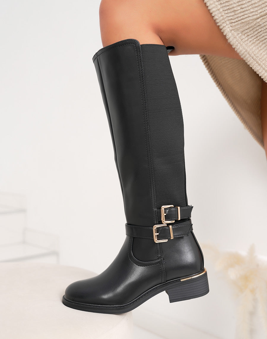 Bottes noires à élastique avec double boucle dorée et liseré – intérieur fourré