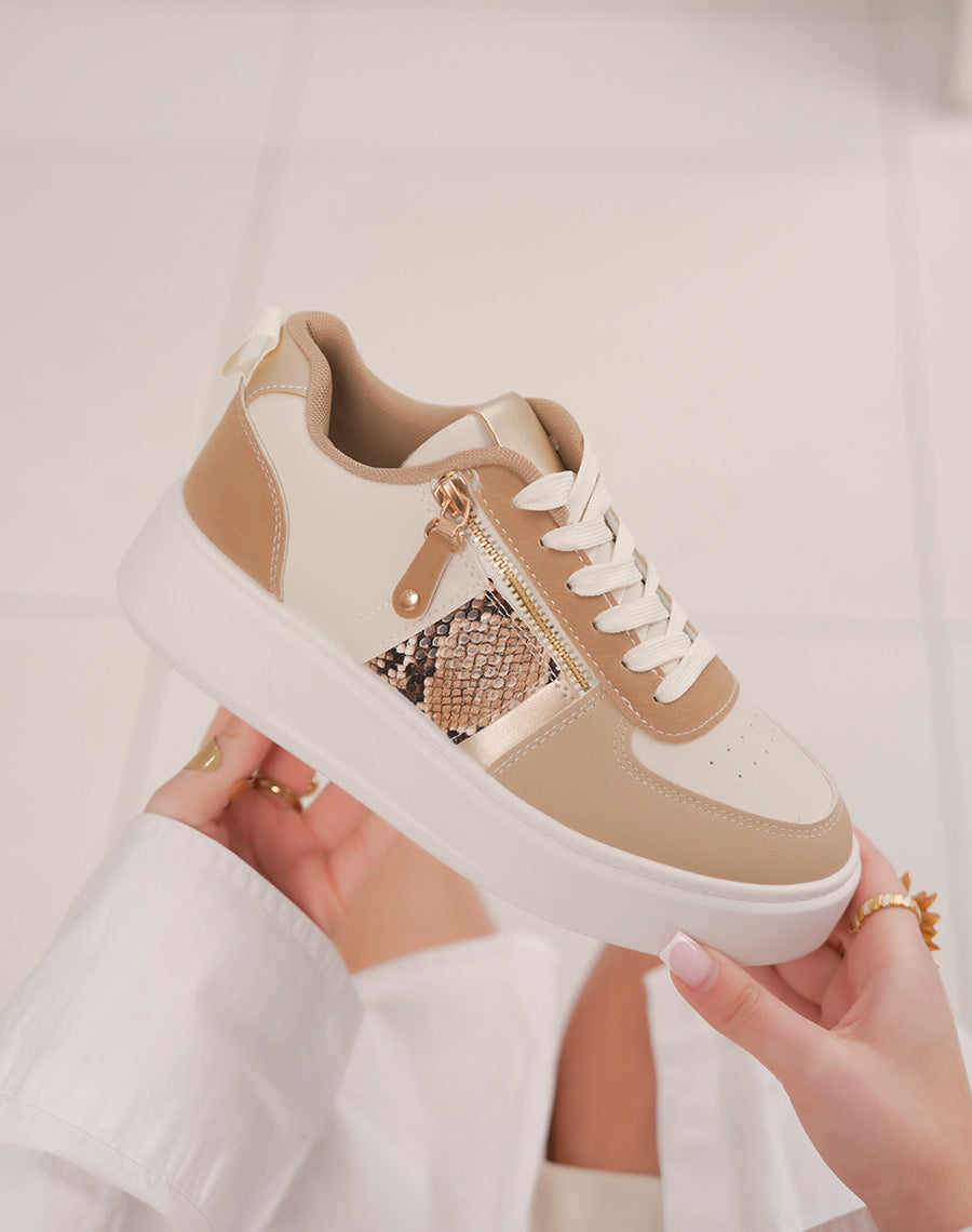 Basket femme beige et taupe avec zip latéral et empiècement effet python tendance