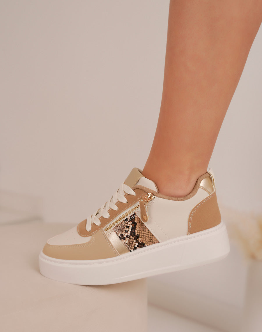 Basket femme beige et taupe avec zip latéral et empiècement effet python tendance