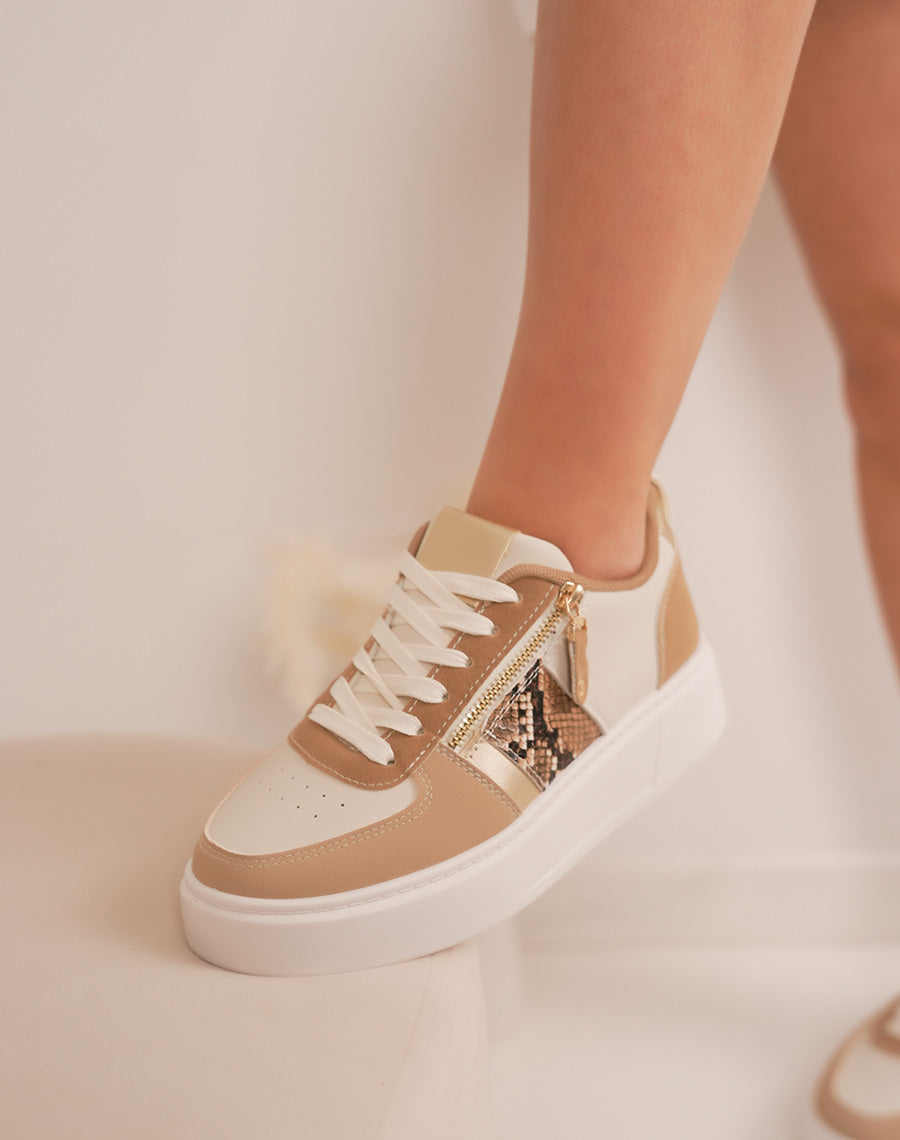 Basket femme beige et taupe avec zip latéral et empiècement effet python tendance