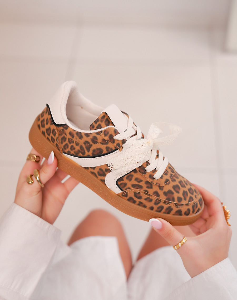 Basket femme léopard avec nœud en dentelle amovible et détails beiges tendance