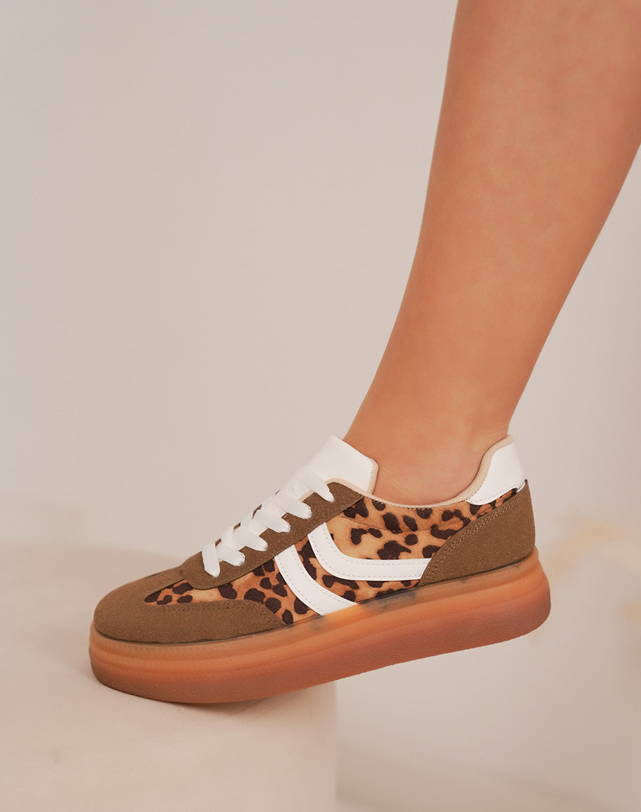 Baskets femme marron et léopard en suédine avec semelle plateforme tendance