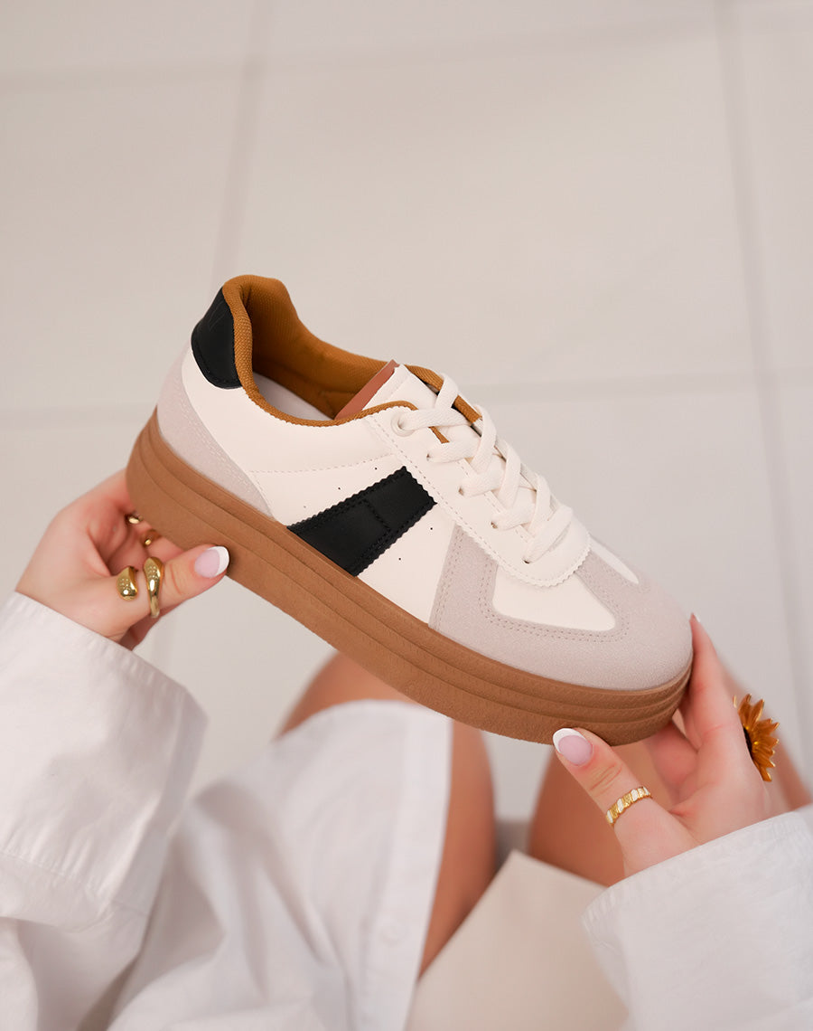 Baskets femme beiges tendance à triple plate-forme camel et détails noirs contrastants