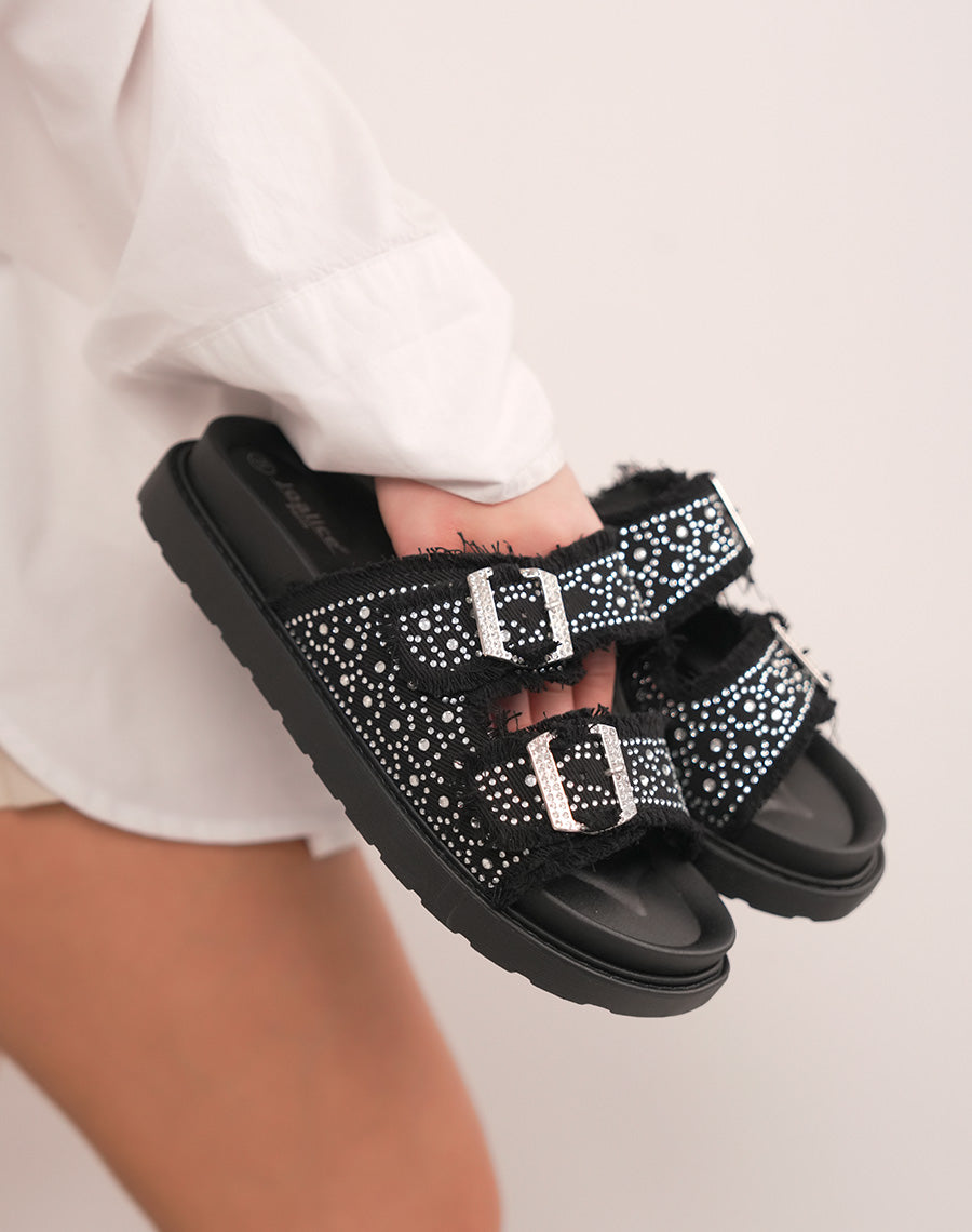Mules femme noires en jean tendance avec strass et effet déchiré
