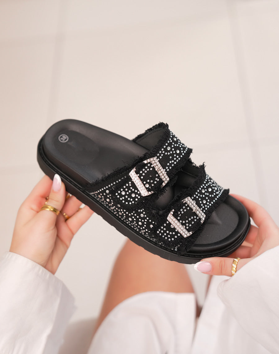 Mules femme noires en jean tendance avec strass et effet déchiré