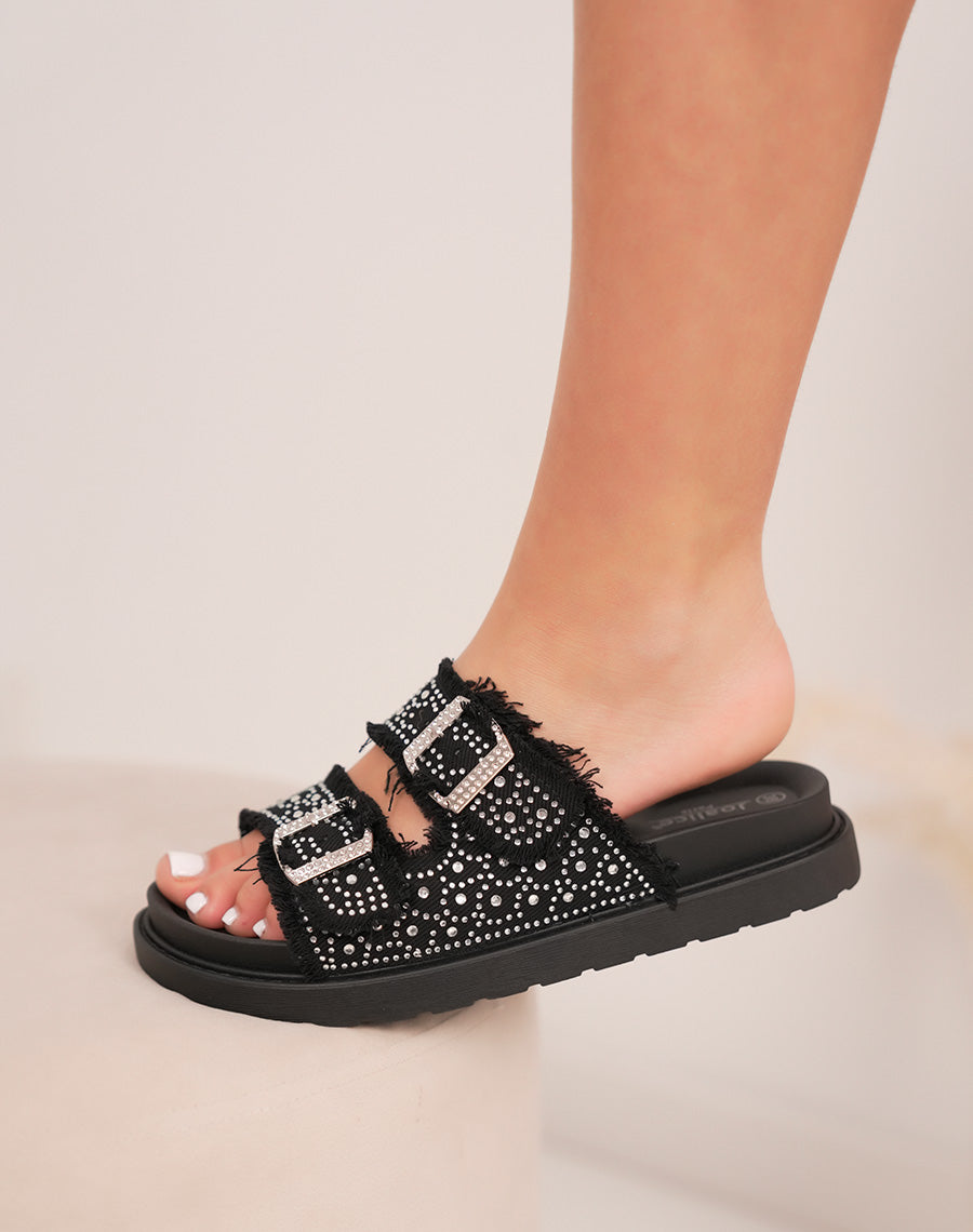 Mules femme noires en jean tendance avec strass et effet déchiré